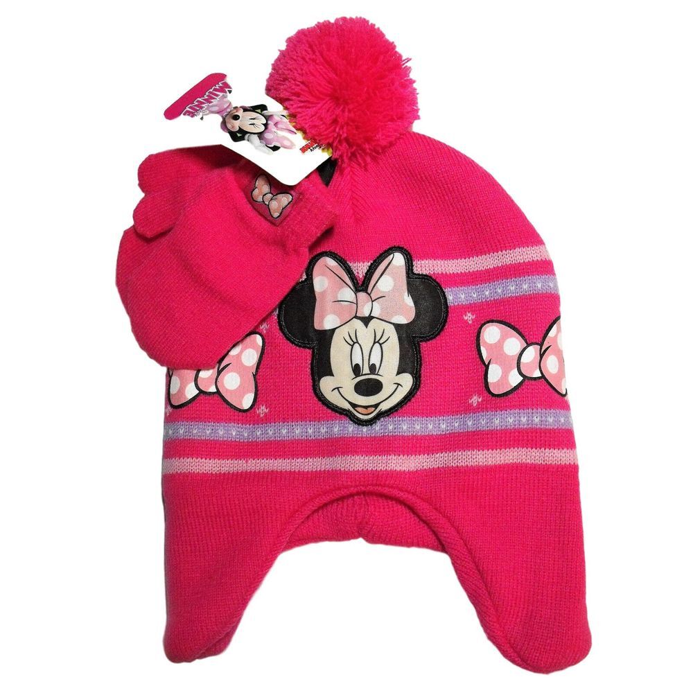 Disney Toddler Minnie Mouse Hot Pink‎ Knit Beanie Winter Hat Mittens NWT